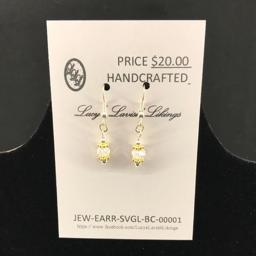 HANDCRAFTED EARRINGS—FISHHOOK DANGLES—Clear Beads with Gold/Silver Tone Findings